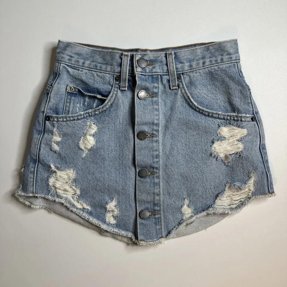 CARMAR Denim Distressed Button Front Mini Skirt Light Wash Women's Size 24 Y2K